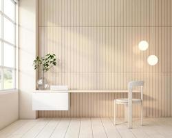 Japandi style room decorated with minimalist desk, glass vase and hanging lamp. 3d rendering photo