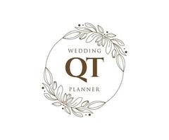 QT Initials letter Wedding monogram logos collection, hand drawn modern minimalistic and floral templates for Invitation cards, Save the Date, elegant identity for restaurant, boutique, cafe in vector