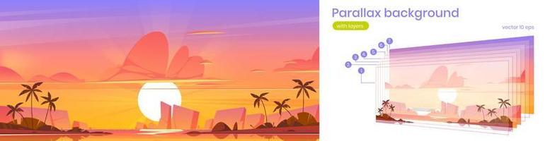 Sunset sky in ocean parallax background, island vector