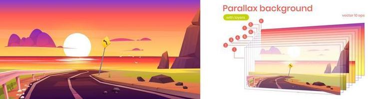 fondo de paralaje con carretera, mar y puesta de sol vector