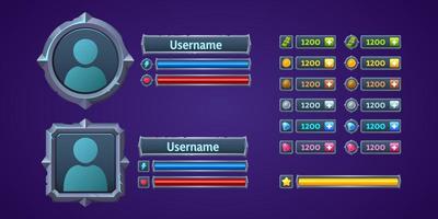 Game ui profile, user menu interface 2d design vector