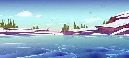 Frozen pond or lake scenery nature landscape. vector