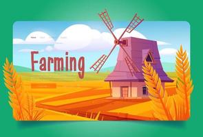 Farming banner with old windmill on wheat field vector