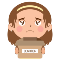 girl sad face holding box of donate cartoon cute png