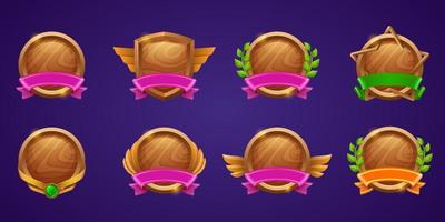 Set of game level ui icons, empty wooden shields vector