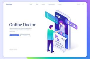 Doctor online isometric landing page, telehealth vector