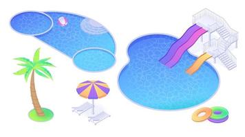 Isometric swimming pool, slides, palm tree set vector