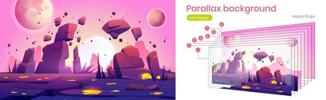 Parallax background with alien planet landscape vector