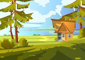paisaje de verano con casa de ladrillos en la orilla del lago vector