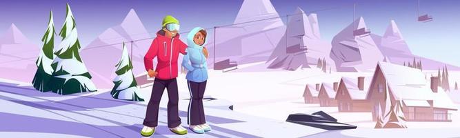Young couple on ski resort, outdoor activity.