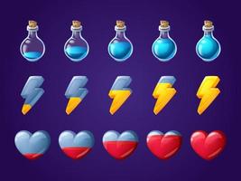 iconos de juego de corazón, rayo y botella de poción vector