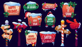Christmas signboards, wooden signs with snow, set vector