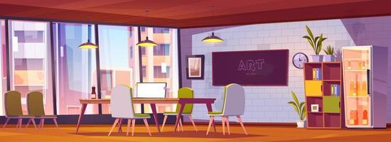 Coworking office with table and blackboard vector