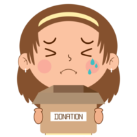 girl crying face holding box of donation cartoon cute png