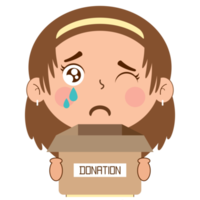 menina chorando cara segurando caixa de doação desenho animado fofo png
