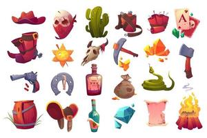 Set of wild west icons, isolated cartoon objects vector