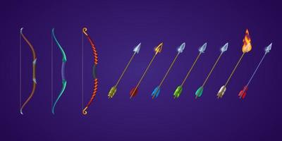 Set bows and arrows for rpg game shop, crossbows vector