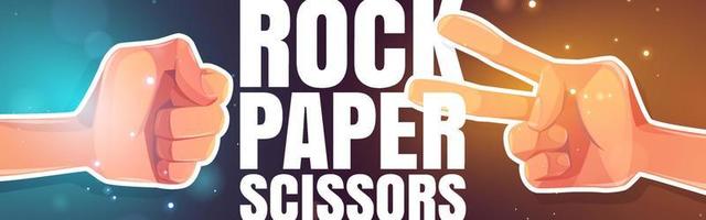 rock, papel, tijera banner de dibujos animados con las manos vector