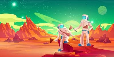 Spacemen with flags walking on Mars surface vector