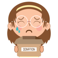 girl crying face holding box of donation cartoon cute png