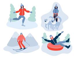 conjunto de vectores de actividades de invierno. tubing y esquí y patinaje sobre hielo. musher montando trineo tirado por perros