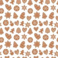 Christmas ginger cookie seamless pattern. Vector gingerbread cookies with white icing pattern on white background.