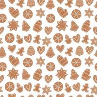 Christmas ginger cookie seamless pattern. Vector gingerbread cookies with white icing pattern on white background.