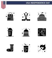 conjunto de 9 glifos sólidos vectoriales el 4 de julio, día de la independencia de estados unidos, como los estados americanos, américa, américa, punto de referencia, editable, día de estados unidos, elementos de diseño vectorial vector