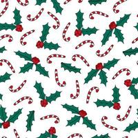 Mistletoe and candy cane. Christmas vector seamless pattern. Green mistletoe with red berries and white and red candy cane on white background.