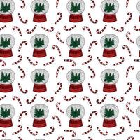 Christmas seamless pattern with snow balls and candy cane. Crystal ball with sweet candy cane. vector