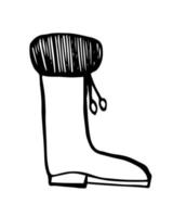 Cute boot with knitted sock and pompoms. Hand drawn winter shoe. vector