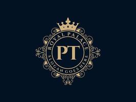 Letter PT Antique royal luxury victorian logo with ornamental frame. vector