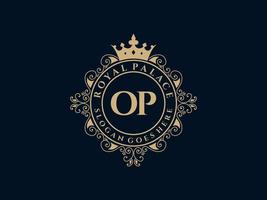 Letter OP Antique royal luxury victorian logo with ornamental frame. vector