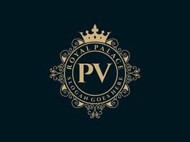 letra pv logotipo victoriano de lujo real antiguo con marco ornamental. vector