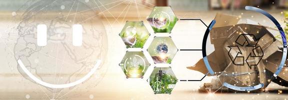 The concept of recycling, reuse, reuse helps reduce global warming. including using clean energy photo