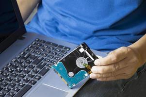 Men hold hard drives, hard drives are still popular today. photo