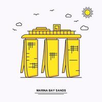 marina bay sands monumento plantilla de póster viaje mundial fondo de ilustración amarilla en estilo de línea con escena de la naturaleza de belleza vector