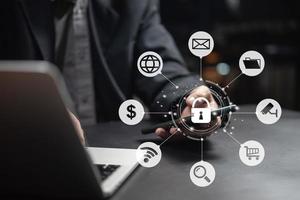 Cybersecurity and privacy to protect data lock icon and internet network security technology information digital marketing, Financial and banking, big data. photo