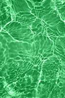 Defocus blurred transparent green colored clear calm water surface texture with splashes and bubbles. Trendy abstract nature background. Water waves in sunlight with copy space. Green watercolor shine photo