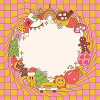 Round frame with Groovy Christmas bright elements, colorful toons characters and sweet food. Tritty Concept fir Xmas and New Year with distorted checkered background. Vector illustration.