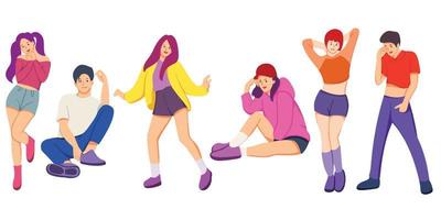 Group of young happy dancers or men and women isolated on a white background. Smiling young men and women enjoy a dance party. Colorful vector illustration in flat cartoon style.