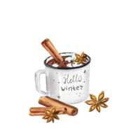 Watercolor christmas cup of cacao with spicy png