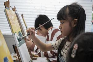 A young Asian girl concentrates on acrylic color picture painting on canvas with student kids in an art classroom, creative learning with talents and skills in the elementary school studio education. photo