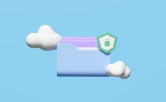 Icono de carpeta de nube 3d con escudo inseguro aislado sobre fondo azul. descarga de almacenamiento en la nube, transferencia de datos, seguridad de Internet, protección de la privacidad, protección contra ransomware, ilustración de representación 3d foto