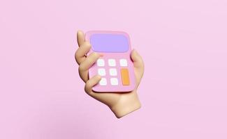 3d hand holds pink calculator icon for accounting finance isolated on pink background. minimal concept 3d render illustration photo