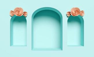 3d green wall hole scene, window with flower, abstract geometric cosmetic showcase pedestal modern minimal background. 3d render illustration photo