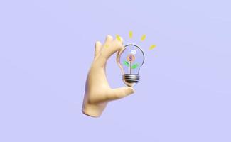 3D Hand holds light bulb isolated on purple background. business idea tip, tree money icon for bank concept, minimal abstract, 3d render illustration photo