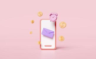 3d mobile phone, smartphone with  envelope, alarm clock wake-up time, coins isolated on pink background. notify newsletter, online incoming email, 3d render illustration photo