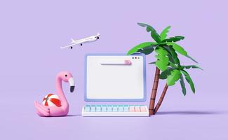 3d laptop computer monitor with blank search bar, palm tree, Inflatable flamingo, plane isolated on purple background. online shopping summer sale, template concept, 3d render illustration photo