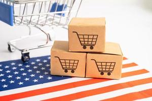 Box with shopping cart logo and USA America flag, Import Export Shopping online or eCommerce finance delivery service store product shipping, trade, supplier concept. photo